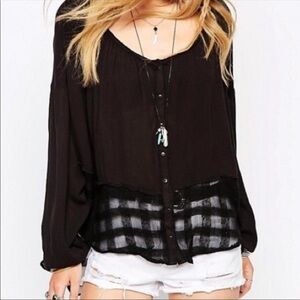 Free People Rainy Days Black Gauzy Swing Top Sheer Hem Button Down Size XS